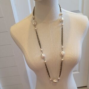 Elegant Pearl and Brass Chain Necklace